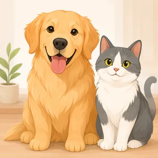 A golden retriever and a grey cat sitting side by side — the library's match